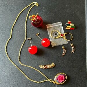 EUC red and gold jewelry group. Ring, earrings broach, pin, apple shaped pieces